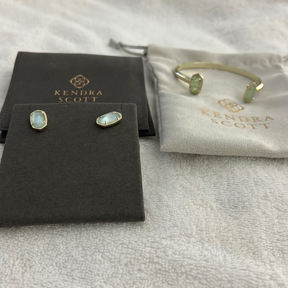 Kendra Scott Elton Gold Cuff Bracelet and Earrings in Light Green